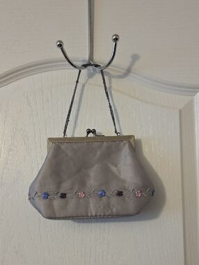 Charter Club Elegant Silver Satin Embroidered Evening Clutch